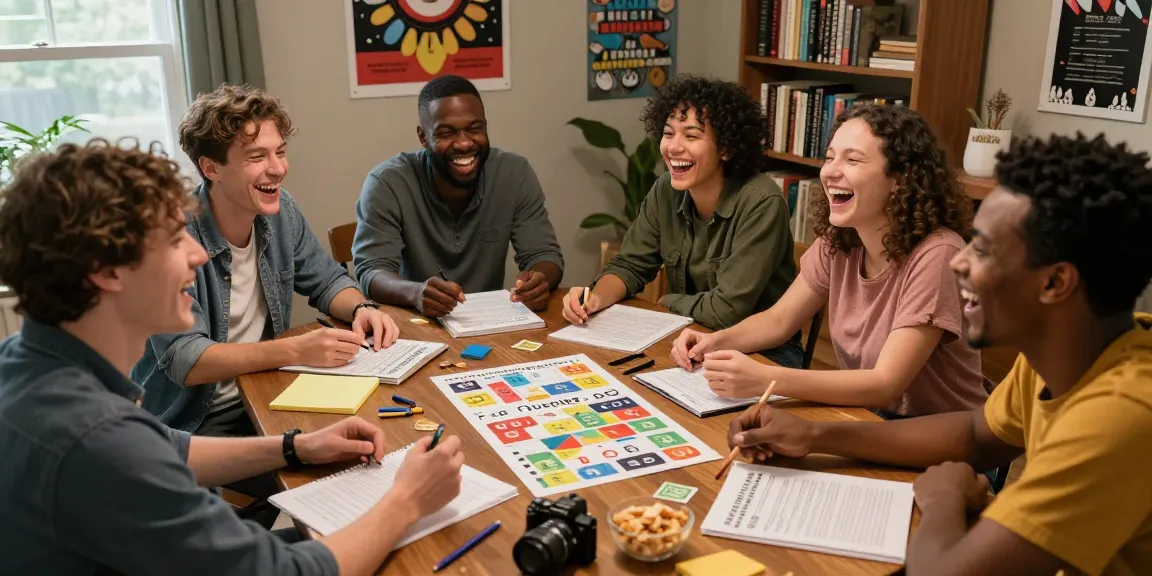 Gruppen von Personen, die Quiz Allgemeinwissen spielen und lachen, in einem gemütlichen Wohnzimmer.
