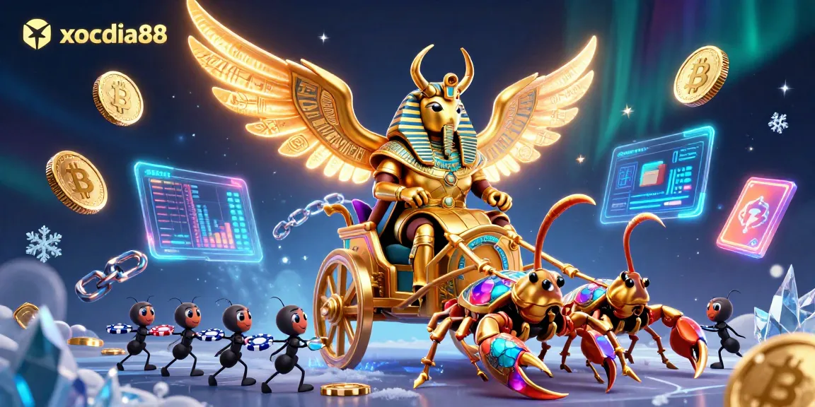 Xocdia88 brings excitement with a golden scarab and scorpion chariot, surrounded by vibrant gaming elements.
