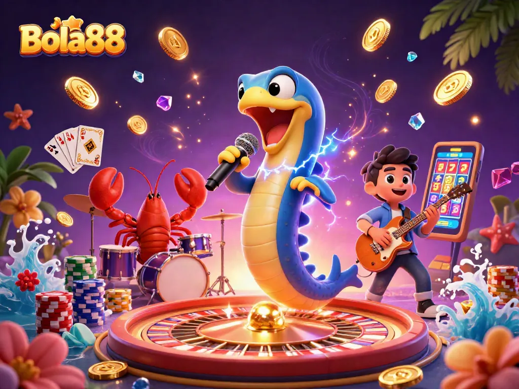 Bola88 showcases an electric eel DJ undersea, surrounded by vibrant casino elements, captivating players.