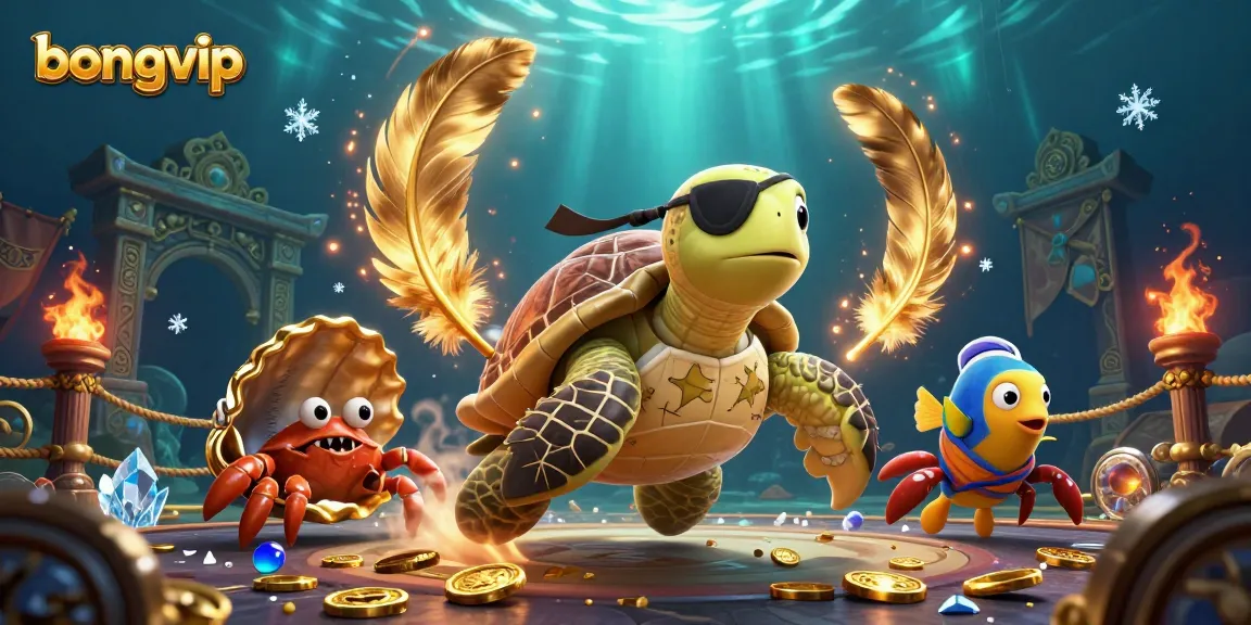 Bongvip brings exciting underwater gambling adventures with a pirate turtle, crab, and parrotfish above treasure.
