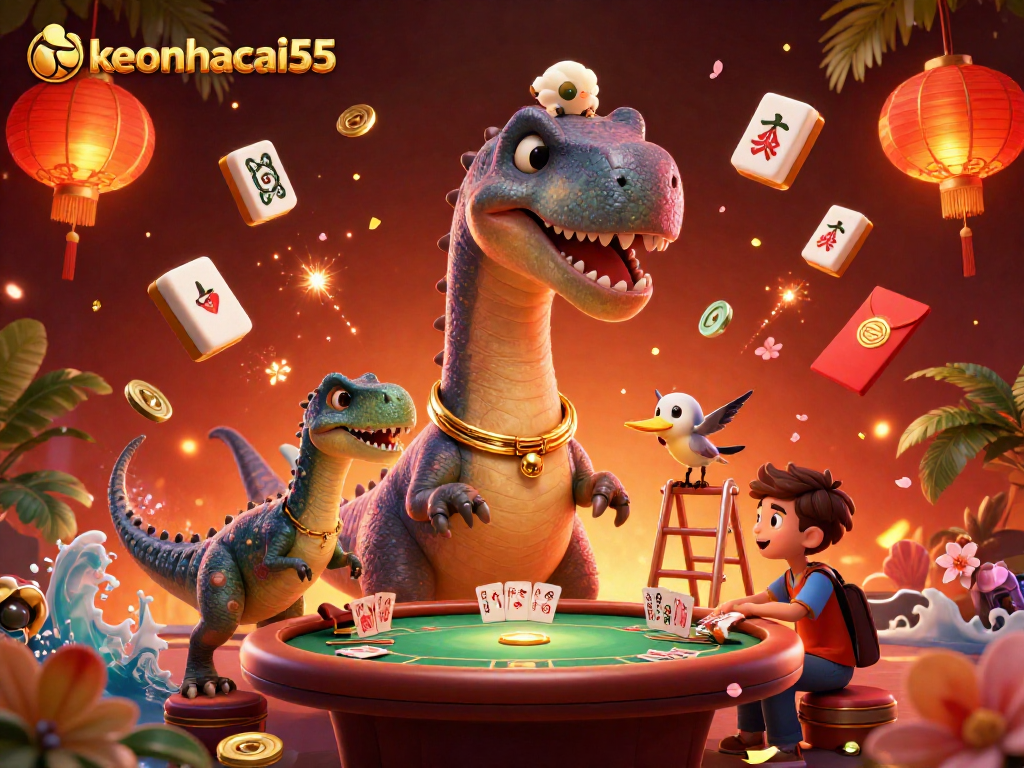 Engage in fun poker moments with keonhacai55 as a giant brontosaurus watches the game