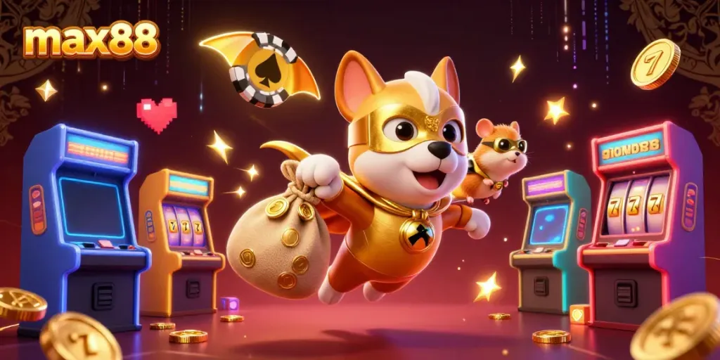 Experience the thrilling world of max88 with a superhero dog flying through a vibrant casino scene.