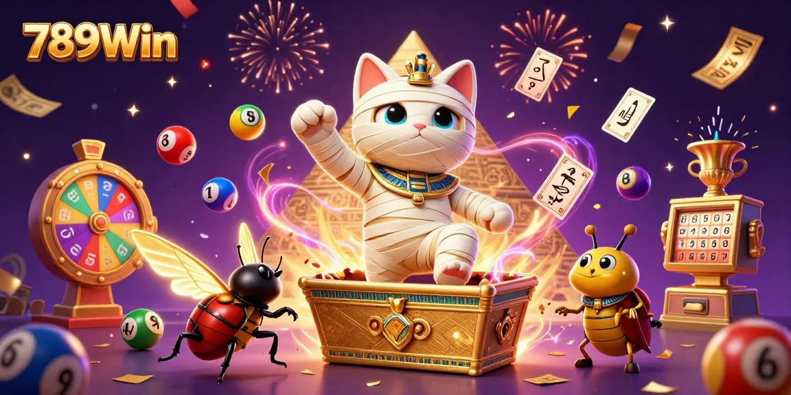 Engage the excitement at 789Win, featuring an Egyptian mummy cat amidst dynamic casino elements.