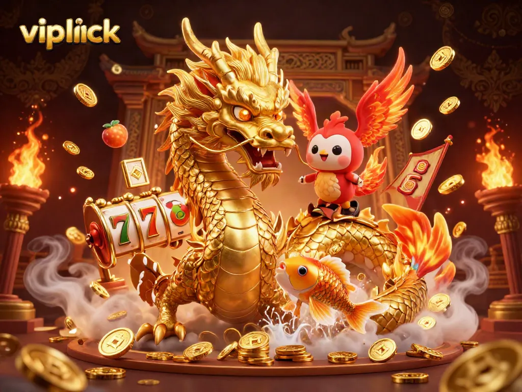 Experience thrilling gameplay at vipluck with golden dragons, koi fish, and slot reels in action.