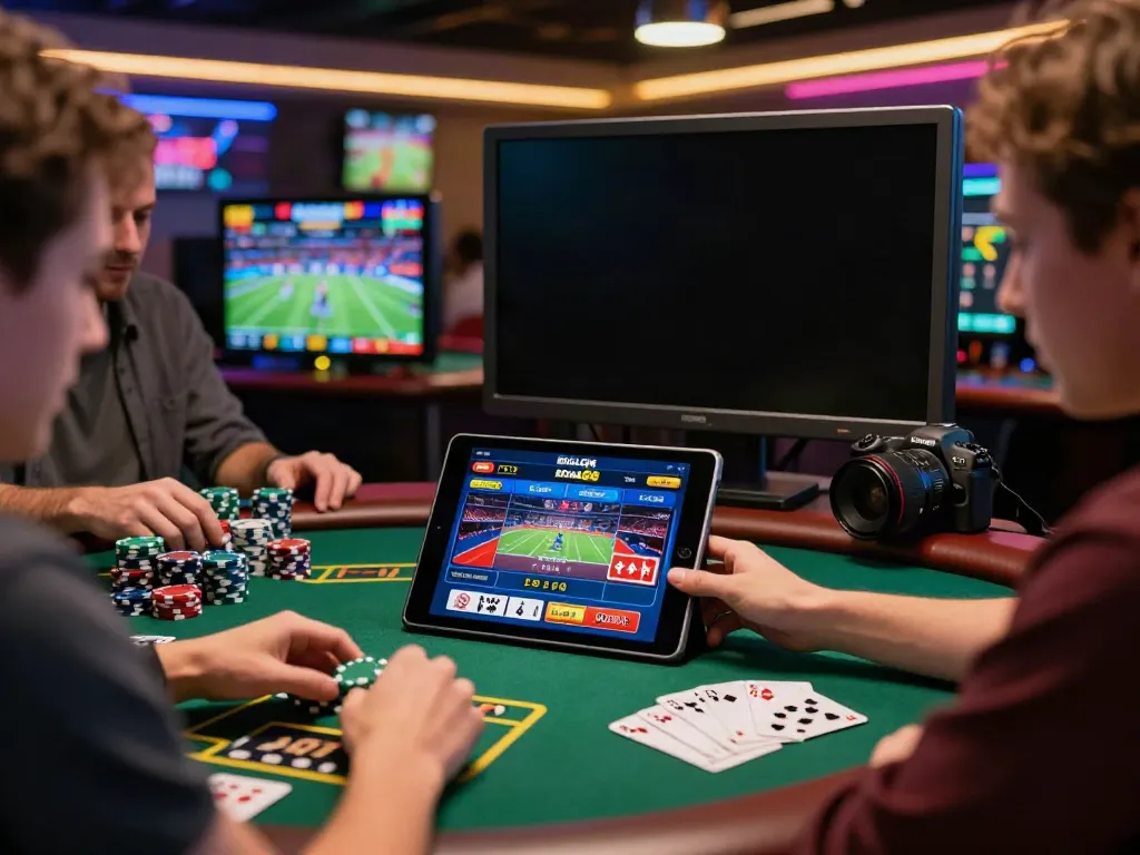 Engaging user interacting with Alternatif Bola88 online betting platform surrounded by casino atmosphere.