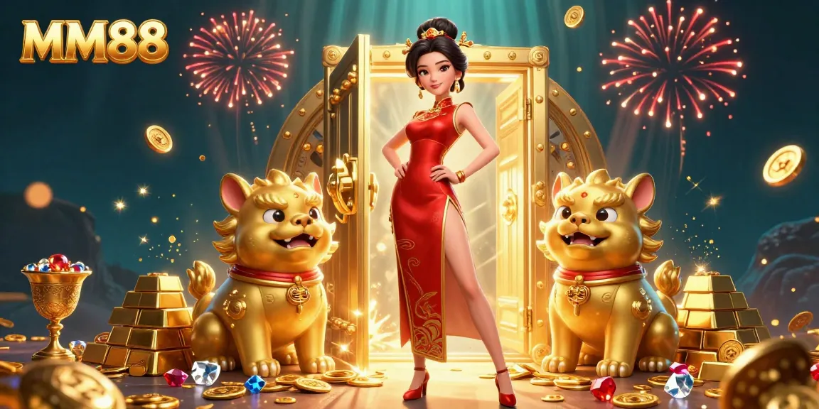 Immerse yourself in MM88's vibrant casino world, featuring an elegant goddess amidst treasures and fortunes.