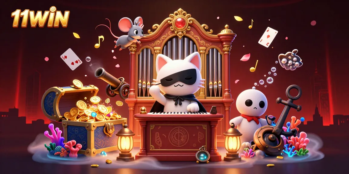 Engage with the magic of 11WIN as the phantom cat plays at the casino organ surrounded by treasures.