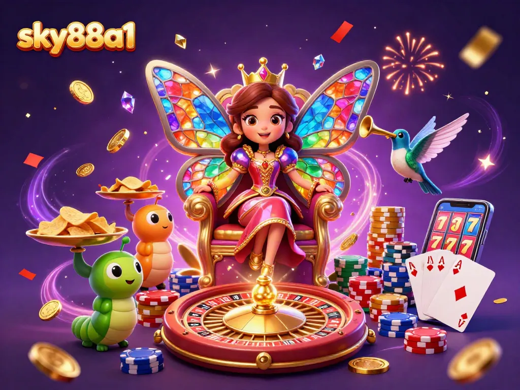 Experience thrilling gaming with sky88a1 in a vibrant casino scene featuring a butterfly queen and dynamic elements.