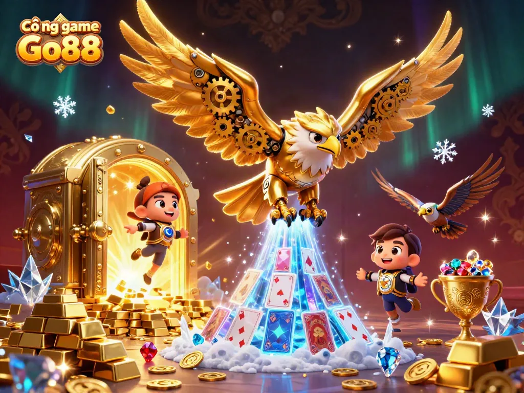 Cổng game Go88 unfolds with a stunning 3D golden eagle soaring amidst dynamic holographic cards and treasures.