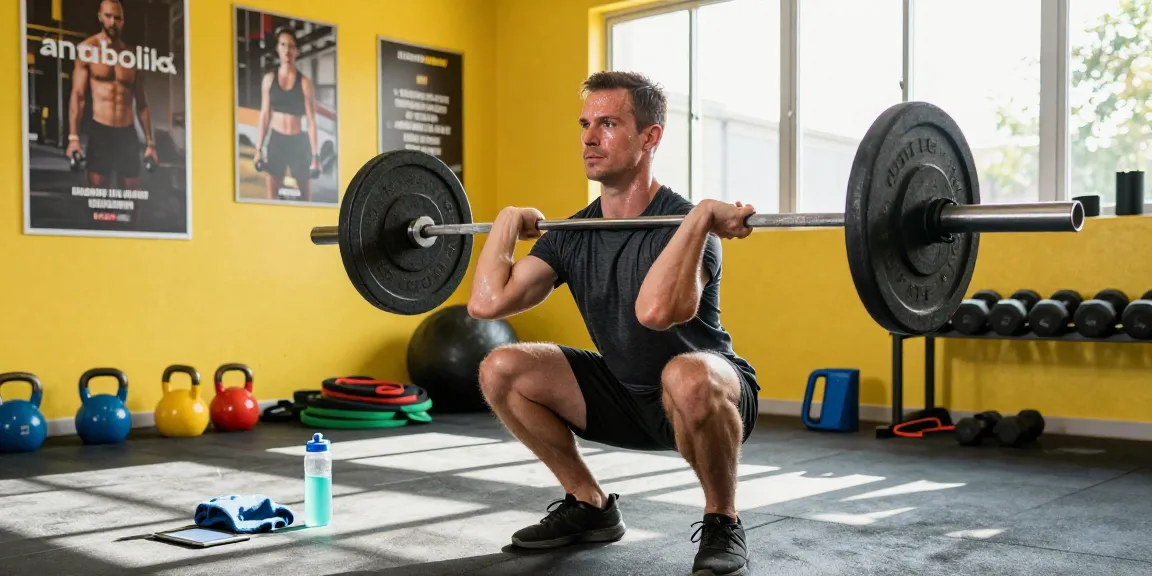 Energiegeladene Szene eines Mannes beim Gewichtheben in einem hellen Fitnessstudio, die den Fokus von Anabolika Shop Deutschland auf Muskelaufbau darstellt.