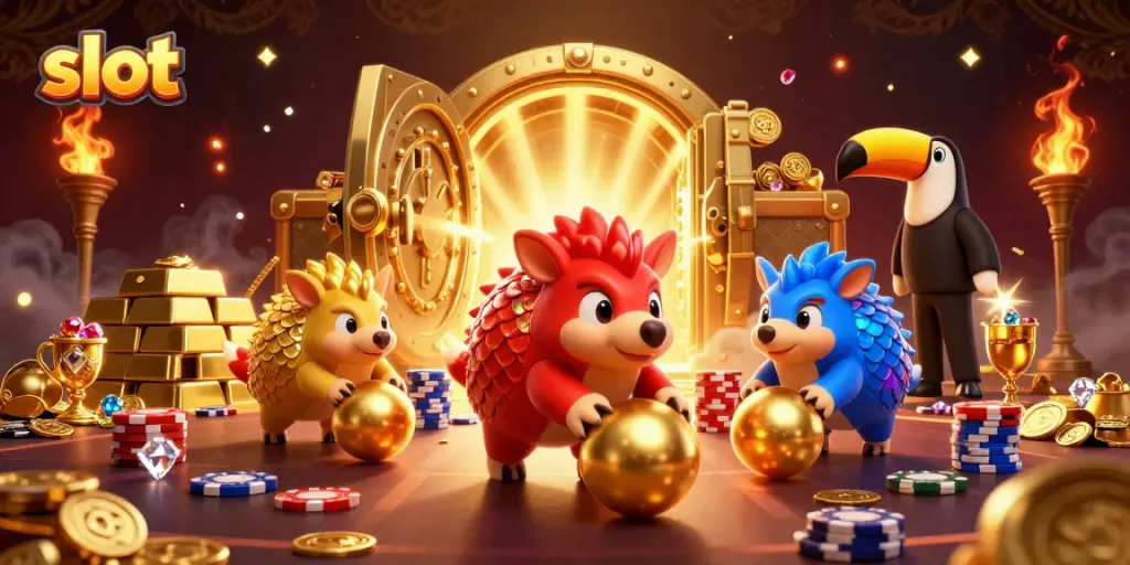 Experience thrilling slot action with vibrant pangolins, gold treasures, and dynamic confetti.