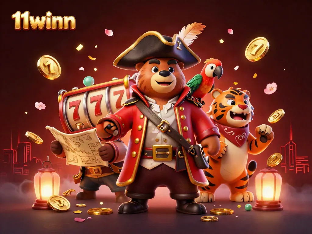 Experience the thrill of 11winn with a vibrant casino scene featuring a pirate bear and tiger, surrounded by exciting gaming elements.