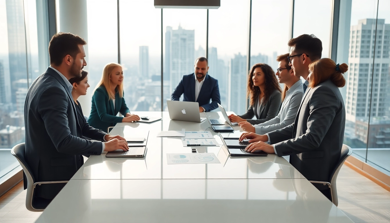 IT Consulting team collaborating in a modern office with technology and charts.