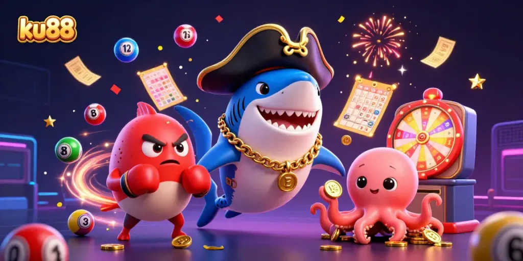 Join the fun with ku88 featuring a playful cartoon pirate shark, pufferfish, and octopus amidst colorful lottery elements.