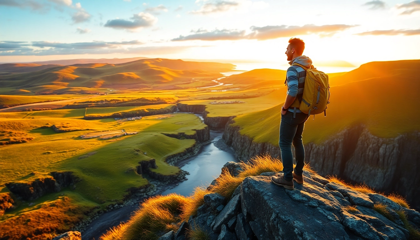 Erleben Sie Wandern Irland Urlaub mit einem fröhlichen Wanderer auf einer Klippe, die die üppige Landschaft überblickt.