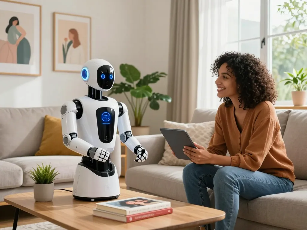 Engaging interaction between a couple and a sex bot in a cozy modern living room, showcasing AI companionship.