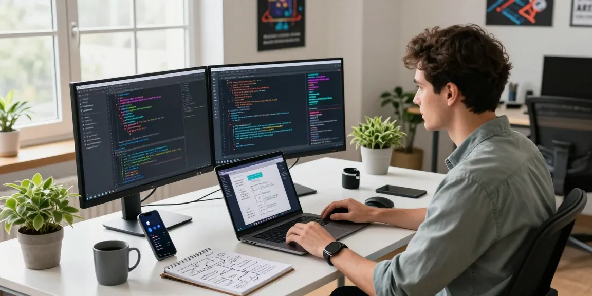 Build internal tools with AI in a modern tech workspace with dual monitors and vibrant code.