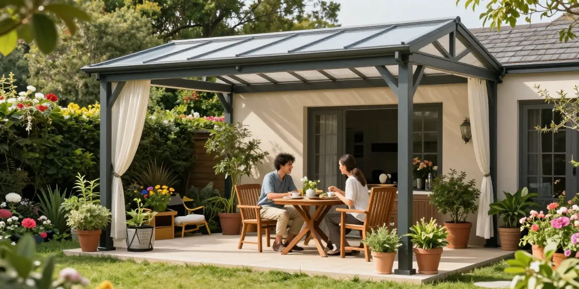 Freistehende Terrassenüberdachung im Garten mit Paar bei Tee