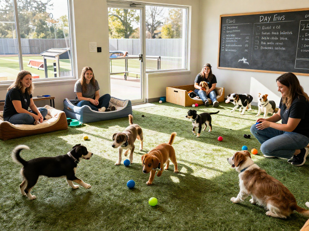 Joyful puppies engaging in play at doggy daycare, showcasing slot 10k pet care environment.