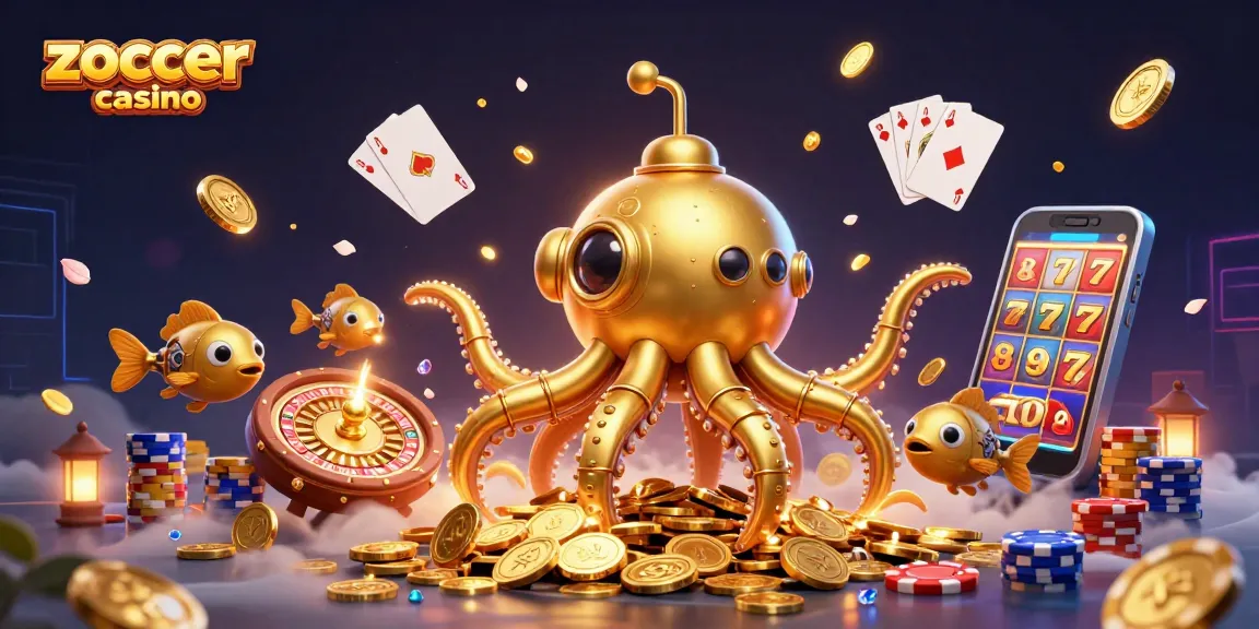 Zoccer casino offers a dynamic 3D scene with a golden kraken submarine amidst cascading gems and coins