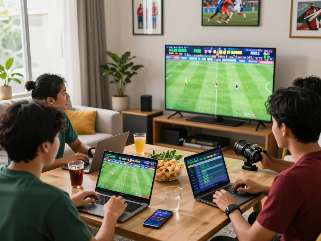 Friends engaging in judi bola betting during a live football match in a lively living room.