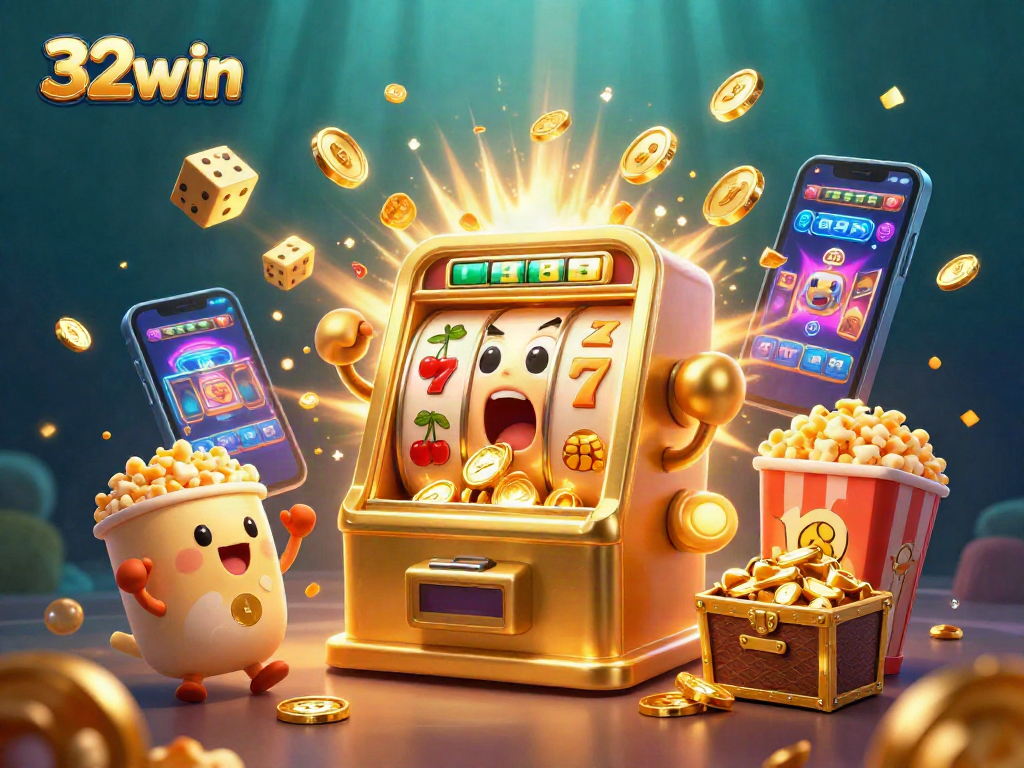 32win slot machine wins jackpot, surrounded by cheering machines and gold coins.