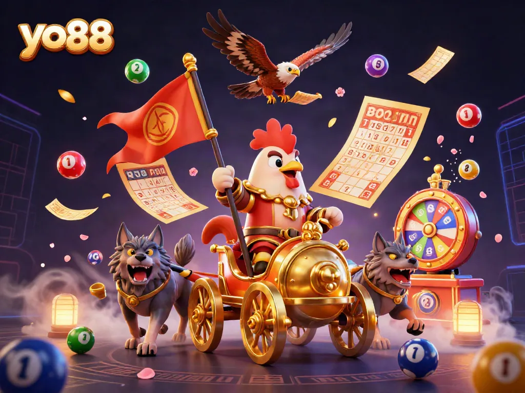Experience thrilling jackpots at yo88 with a dynamic scene featuring a rooster warlord, lottery elements, and vibrant colors.