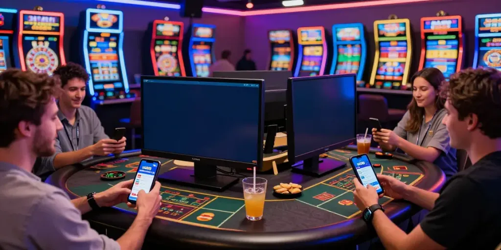 Friends enjoying sports betting on uk88 in a lively gaming lounge.
