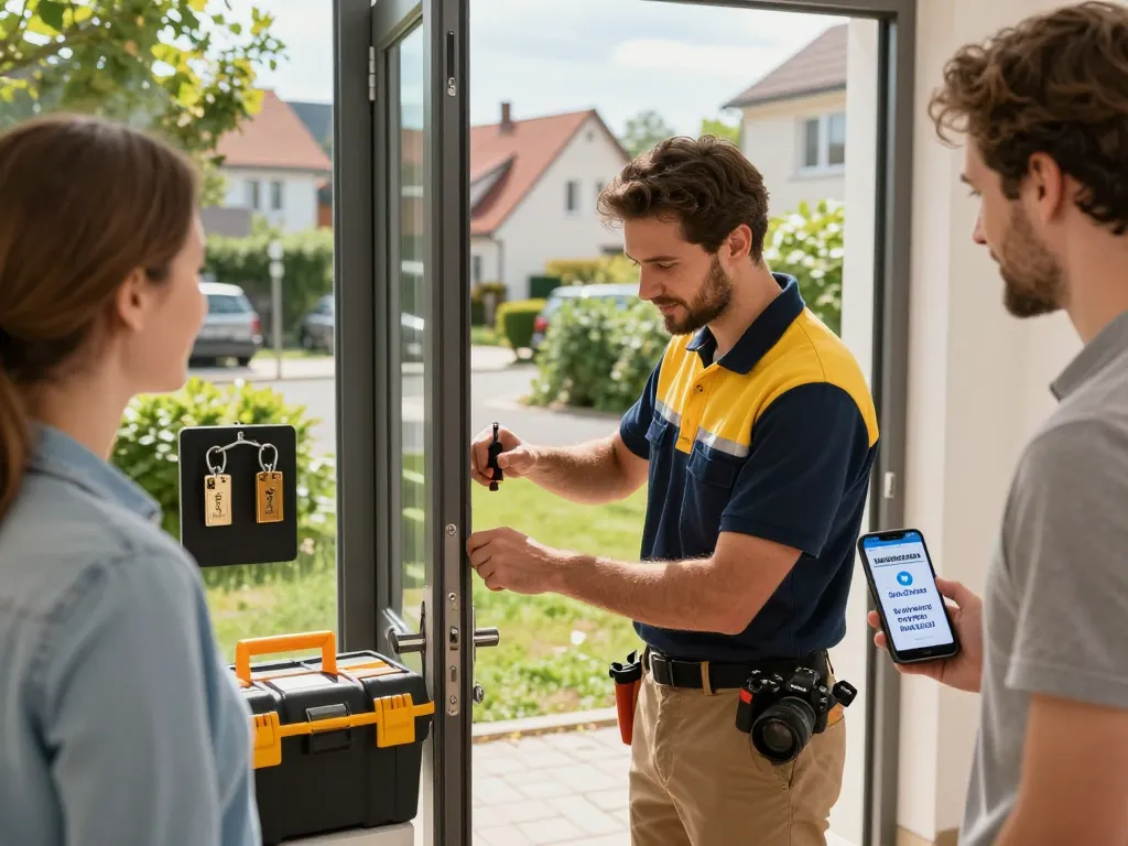 Experte vom Schlüsseldienst Bruchsal öffnet eine Tür in einer freundlichen Nachbarschaft.