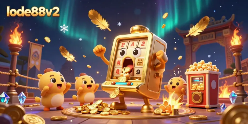 Witness the lode88v2 slot machine celebrating a jackpot with cheering companions, symbolizing excitement and luck in gaming.