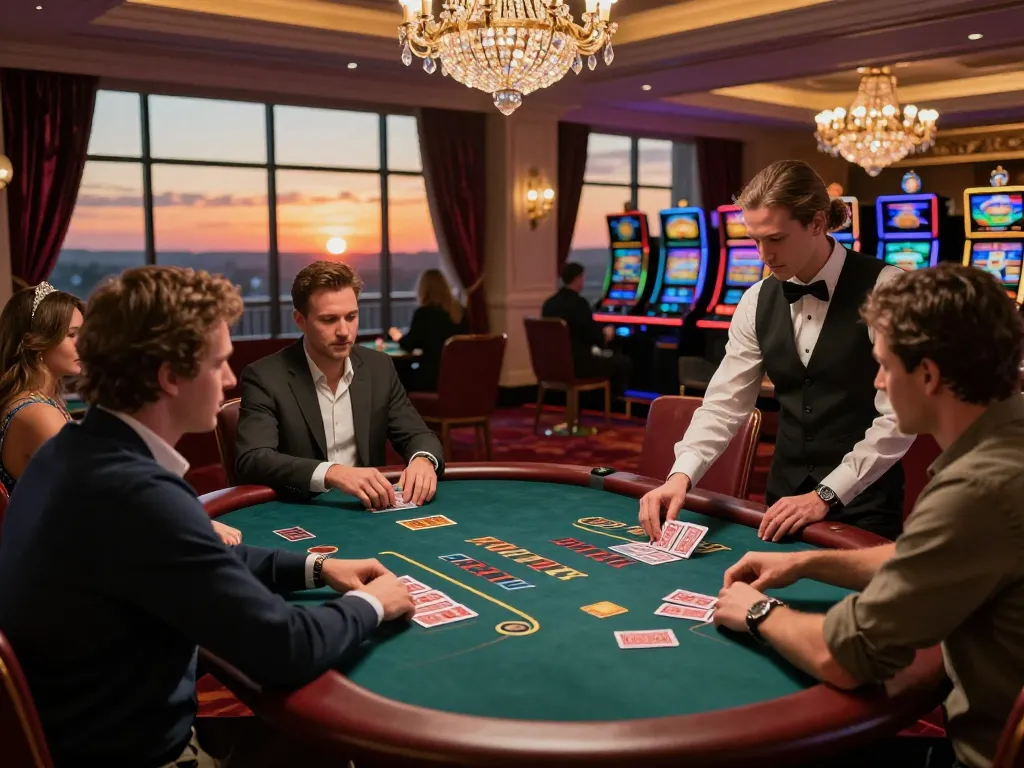 Engaged players enjoying blackjack at go8.com casino, showcasing intense gameplay in luxurious setting.