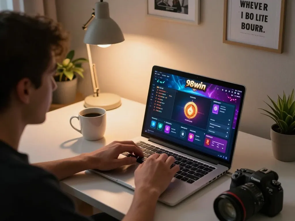 Player enjoying online casino gaming on 98win interface in a cozy home office.
