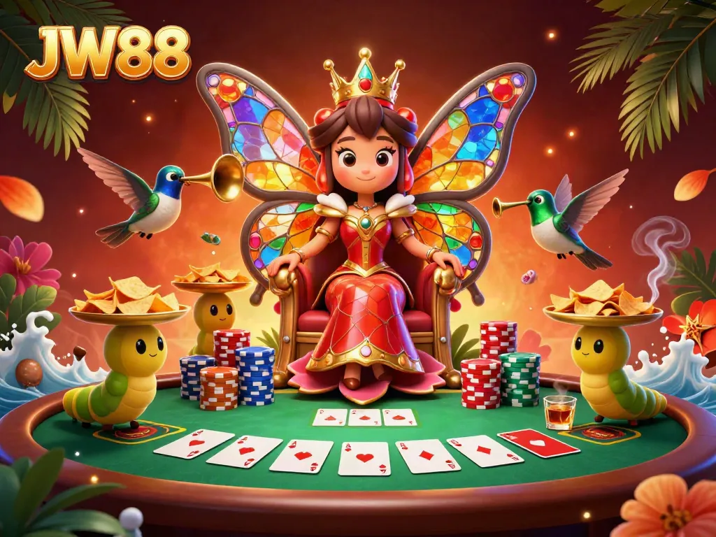 Experience the vibrant JW88 casino scene with the butterfly queen amidst poker elements, showcasing fantasy and gaming excitement.