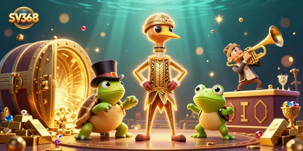 Bet on thrilling moments with SV368's lively casino atmosphere, featuring cartoon characters amid sparkling treasures.