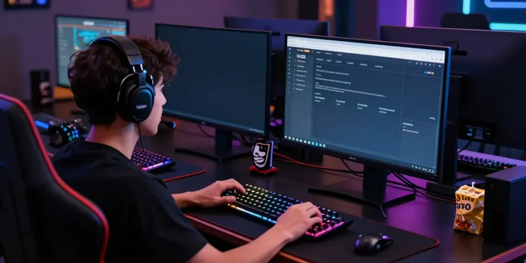 Engaged player using DU88 betting platform on dual monitors in a vibrant gaming setup.