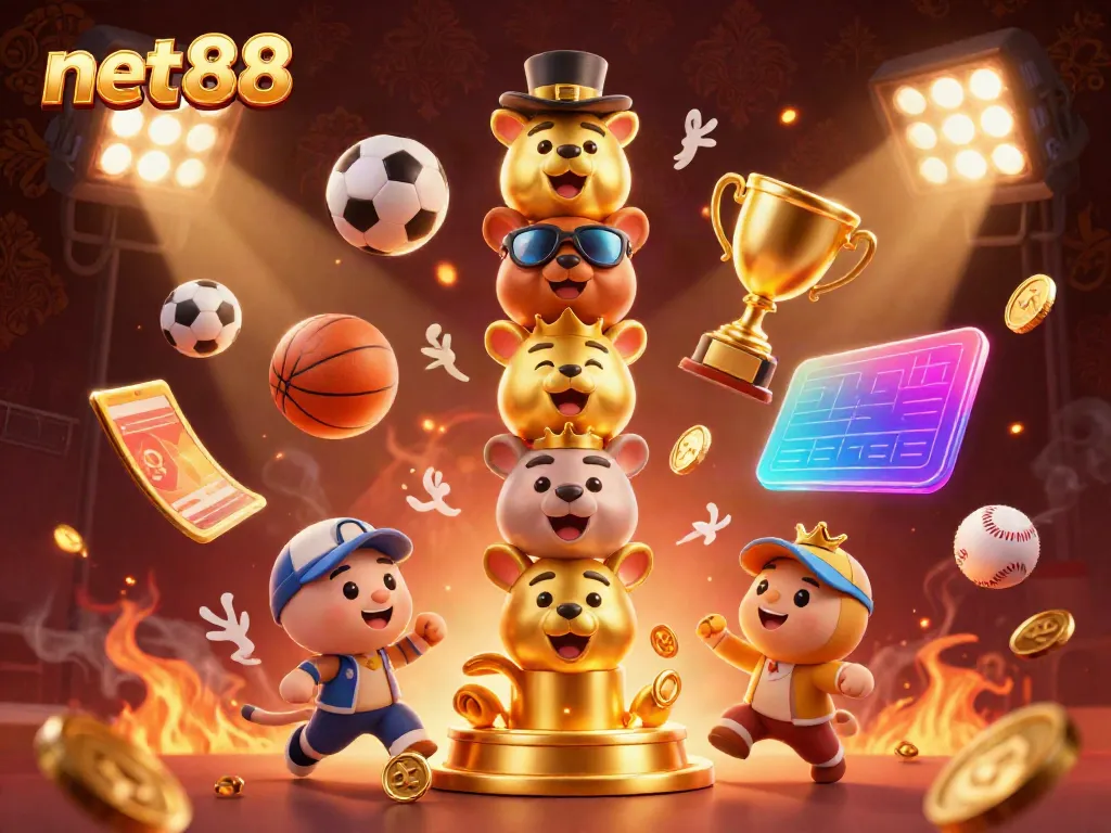 Experience thrilling gameplay with net88 at a vibrant casino-themed 3D scene filled with sports elements.