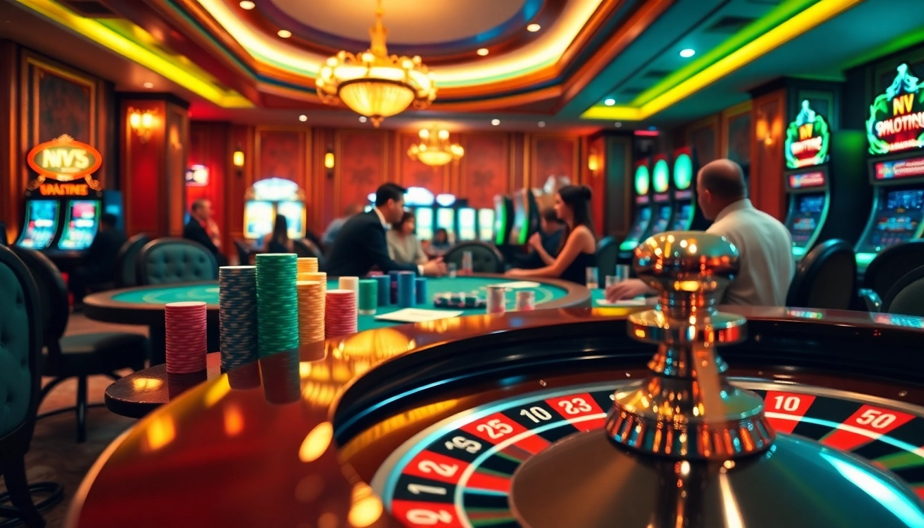 Spieler genießen einen spannenden Spielabend im NV Casino mit lebhaften Pokertischen und Spielautomaten.