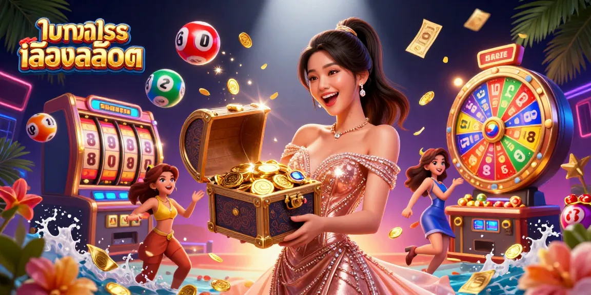 Play ทดลองเล่นสล็อต to win big with immersive 3D casino illustration showing treasure and prizes.