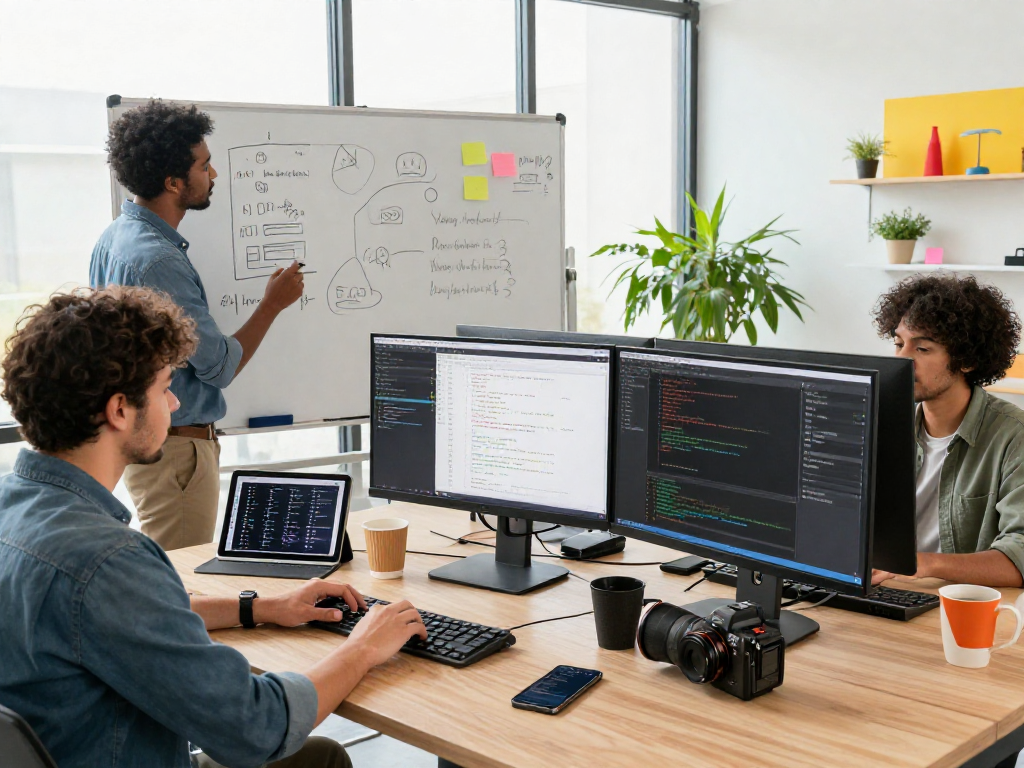 Collaborative team at http://debet-app.com workspace focusing on software development and brainstorming.