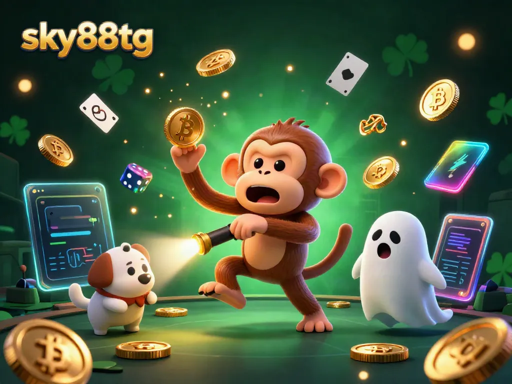 Experience online gaming excitement with sky88tg as an invisible poltergeist monkey juggles fortune amidst a vibrant casino.