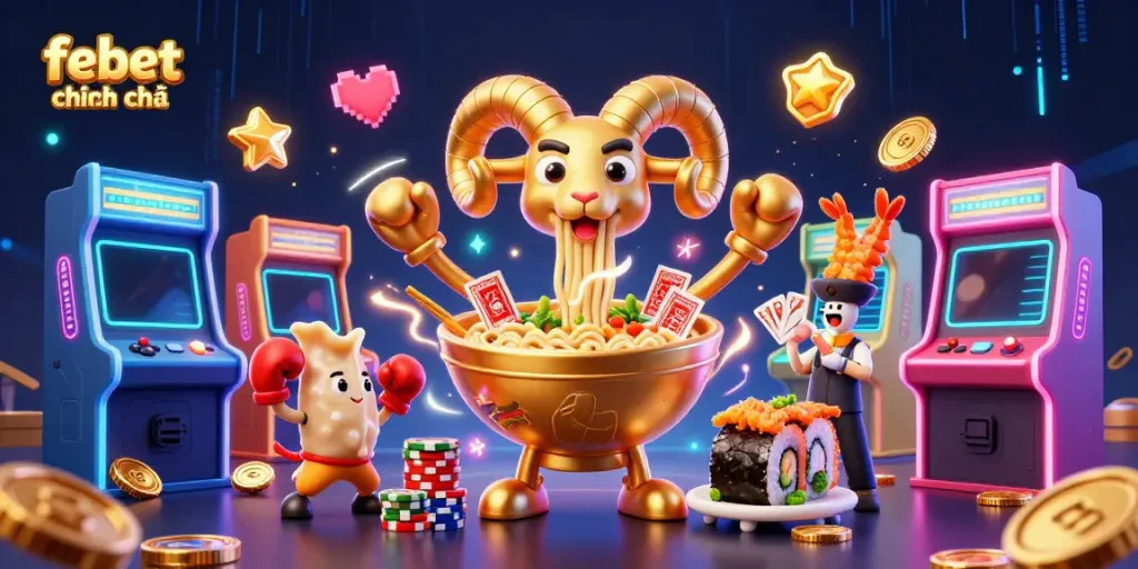 Experience excitement with febet chính chủ as colorful characters stack chips and play cards in a dynamic casino-themed scene.
