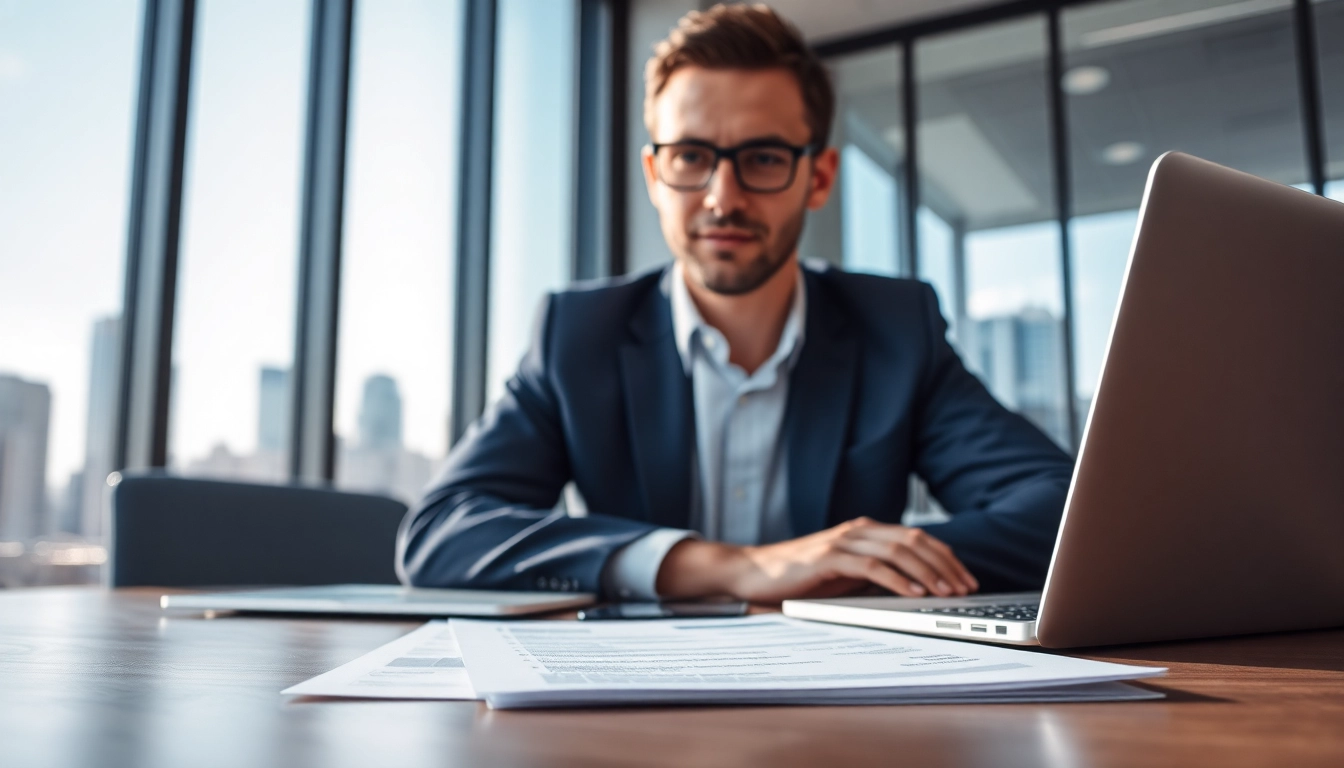 Headhunter IT working diligently with resumes in a modern office setting.