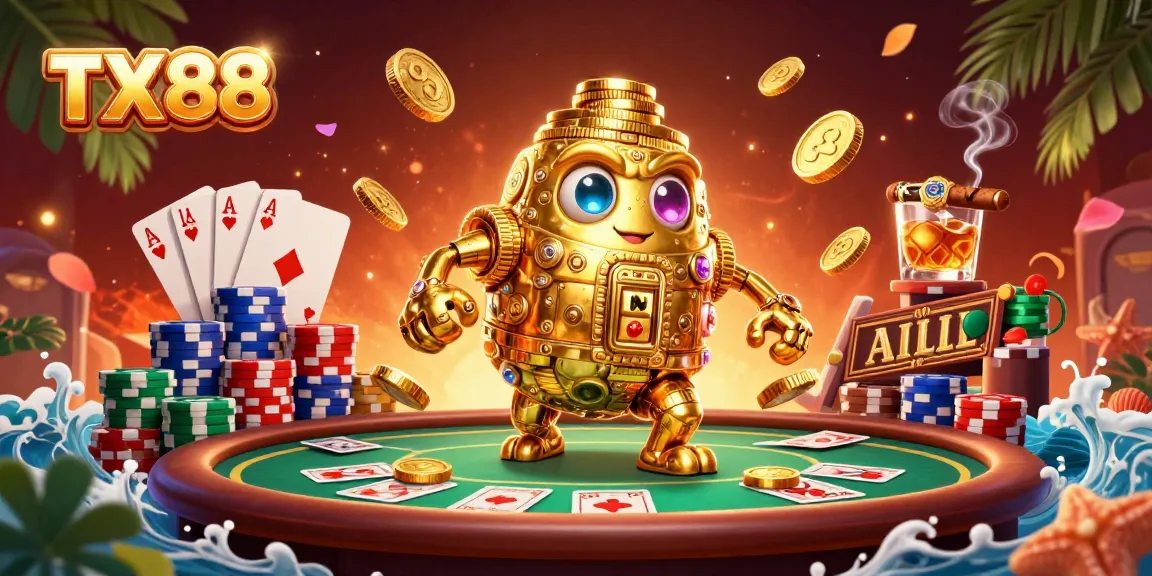Engage with TX88’s vibrant 3D illustration showcasing a golden golem and poker elements.