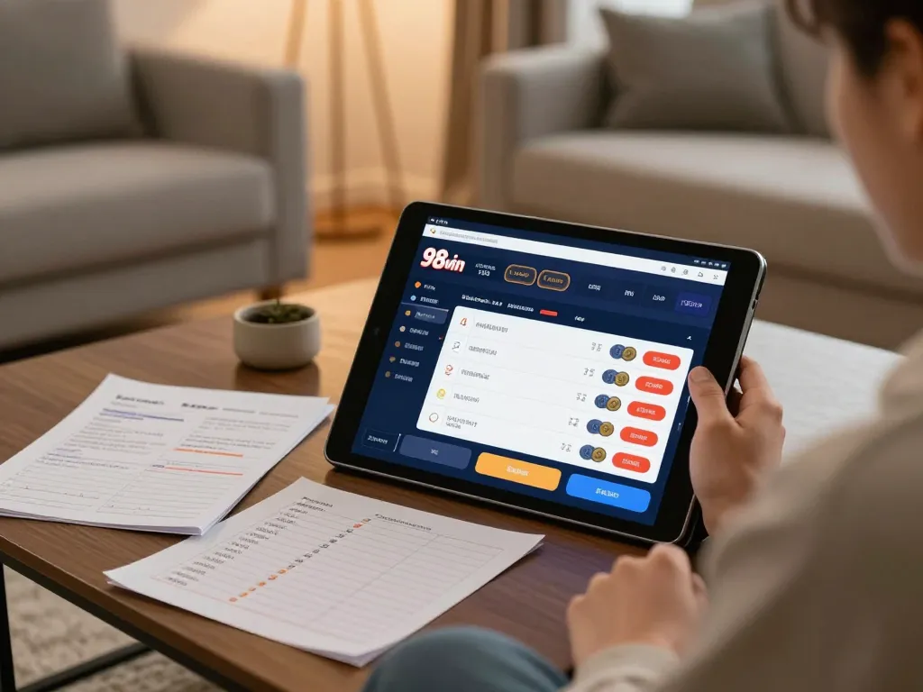 Engaging online gaming experience at home with 98win betting interface for responsible gambling.