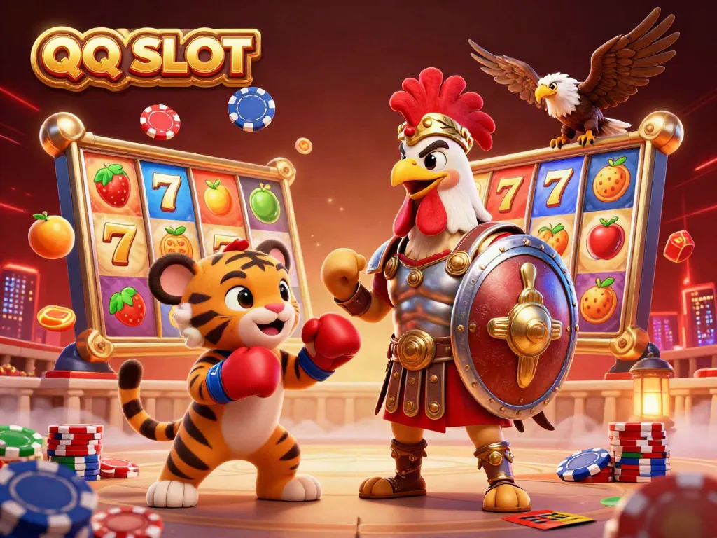 Experience thrilling slots with QQ SLOT in a vibrant 3D scene of rooster heroism and casino excitement.