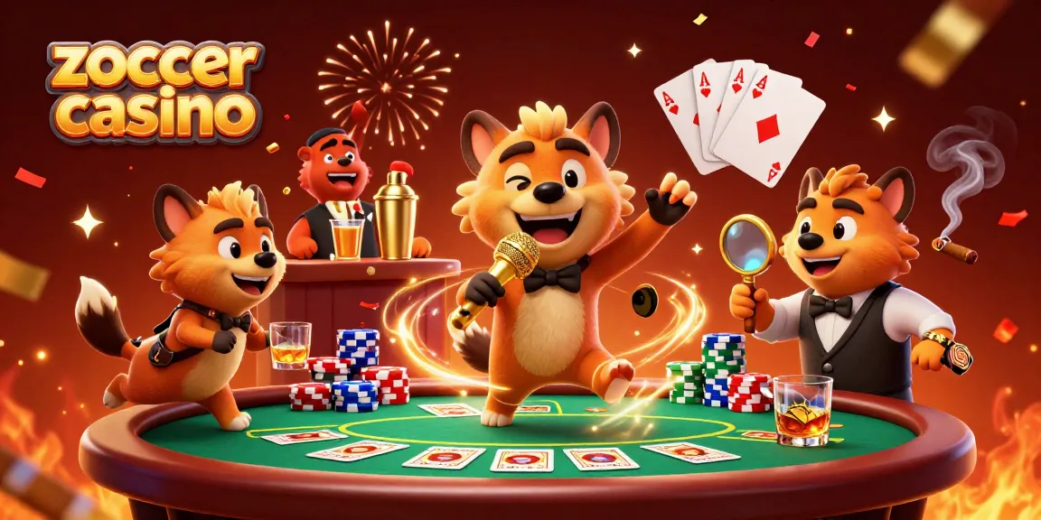 Experience vibrant fun at Zoccer Casino with animated hyenas in a lively casino scene.