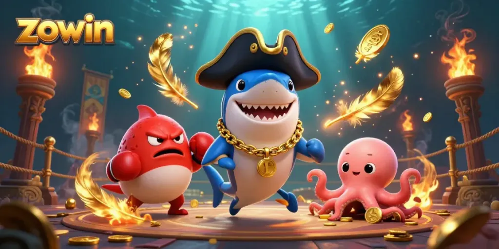 Zowin brings excitement with a cartoon pirate shark, pufferfish, and octopus in a vibrant gambling scene.