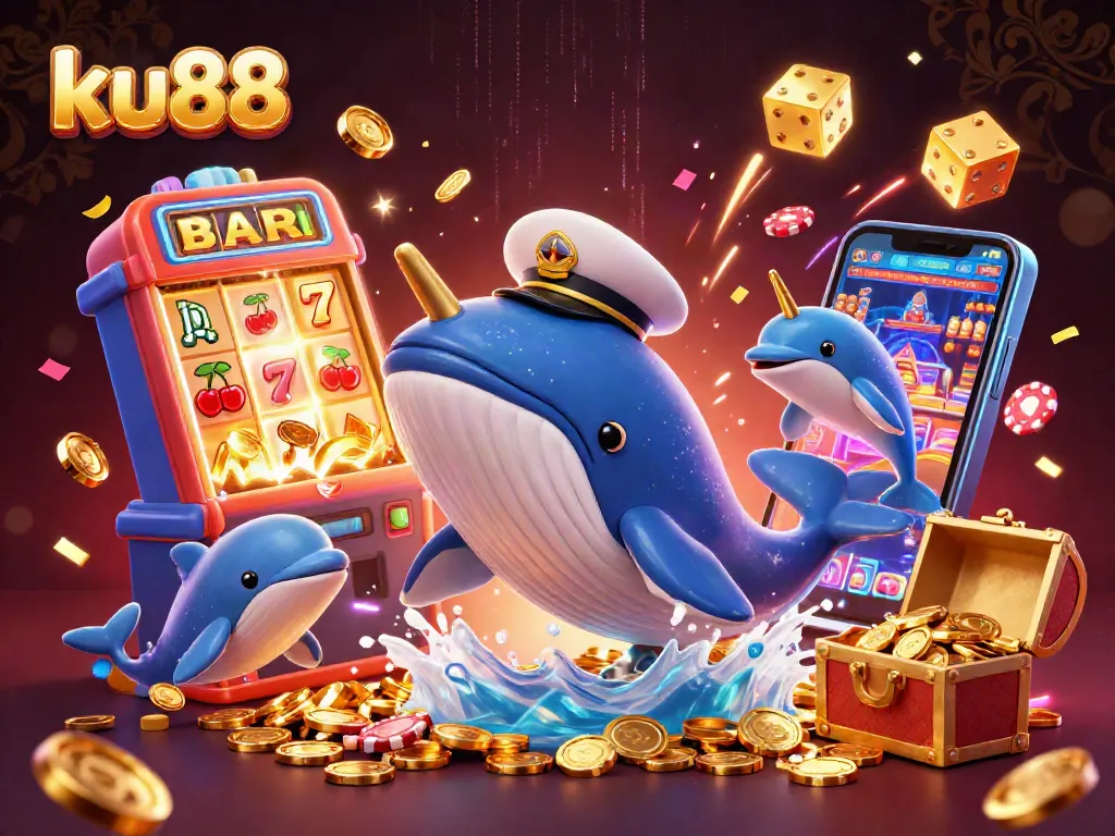Engage with ku88 as a playful whale breaches through coins, surrounded by vibrant casino elements.