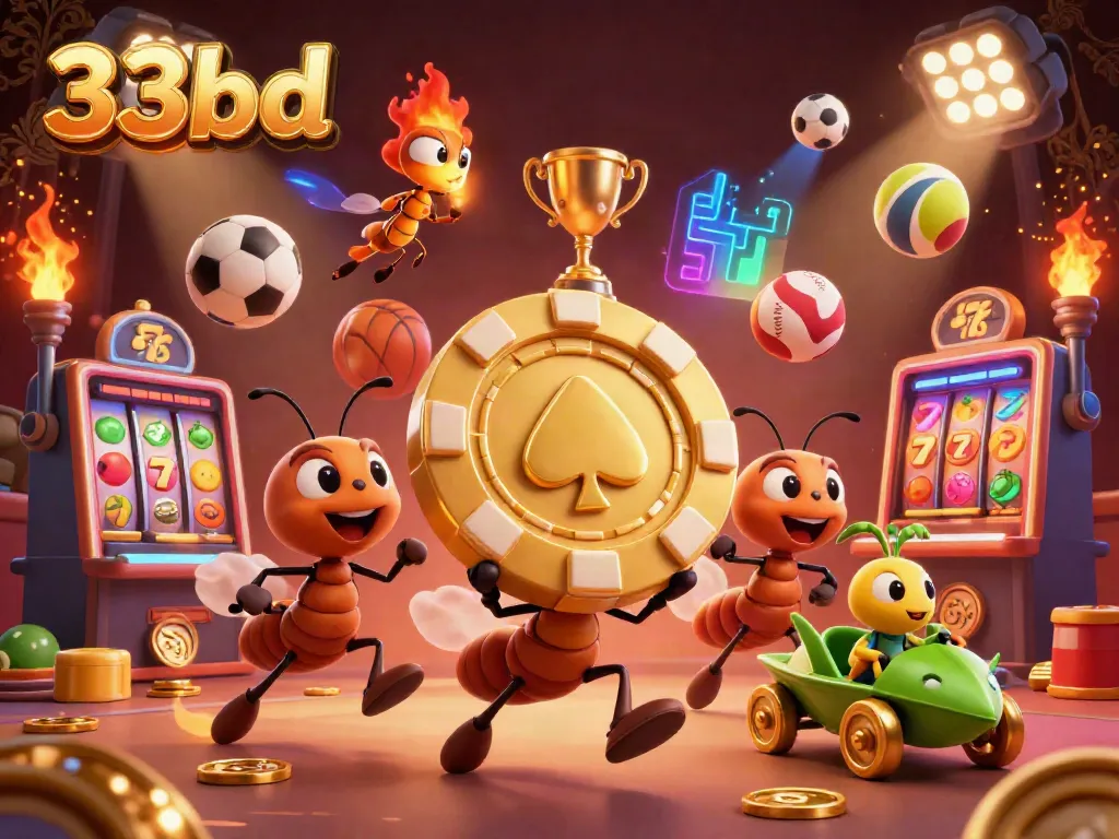 Engage with thrilling casino excitement at 33bd, featuring ants heisting a golden poker chip.
