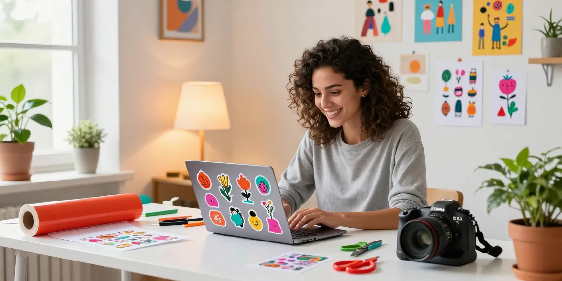 Creative workspace showcasing custom stickers production with vibrant designs and materials.